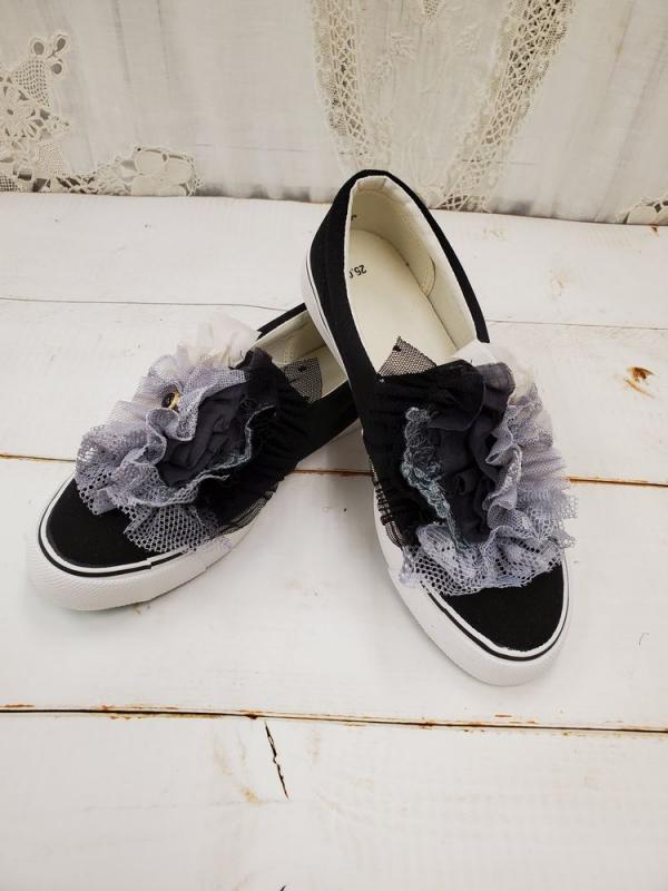 【タイムセール】Veerle　pearl&button pastei lace frill mix dorothy shoes(26cm):BK　*60%OFF