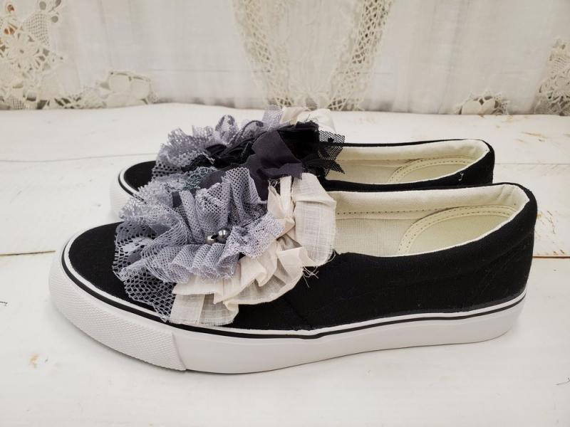 【タイムセール】Veerle　pearl&button pastei lace frill mix dorothy shoes(26cm):BK　*60%OFF