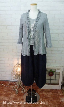 【蚤の市SALE】Veerle　リプロコットンハーフ　接結フレアー七分袖カーディガン:GRAY￥16,280→