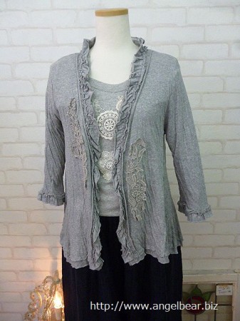 【蚤の市SALE】Veerle　リプロコットンハーフ　接結フレアー七分袖カーディガン:GRAY￥16,280→